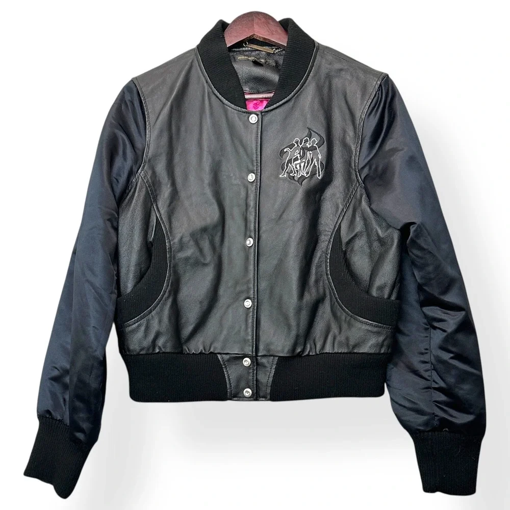 Vtg Y2K Rocawear Bomber Jacket XL Black Real Leather Studded‎ Streetwear Hip Hop - Picture 3 of 11